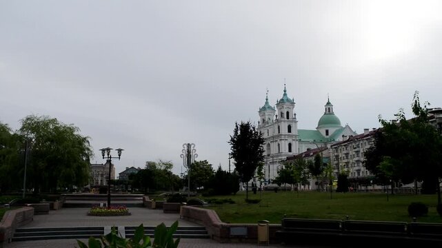 Savieckaja Square in Grodno, Belarus. Stefan Batory Street. St. Francis Xavier Cathedral.