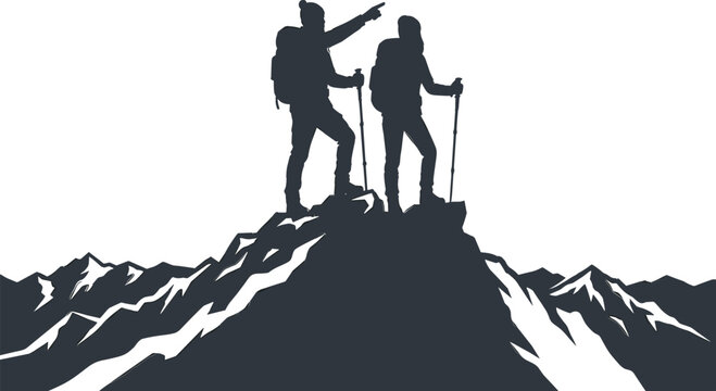 Hikers silhouette standing on mountain peak vector illustration featuring two backpackers with trekking poles reaching the summit and pointing at distance