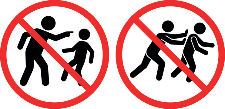No Bullying and Prohibited Aggression Warning Sign Set featuring Forbidden Verbal Harassment Pointing Finger and Physical Pushing Restriction Icons for Safe School WorkplacesNo Bullying and Prohibited