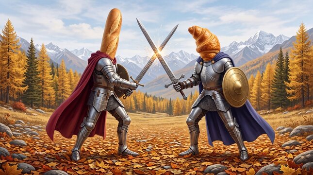Funny bakery concept with baguette and croissant as medieval knights fighting with swords in autumn landscape