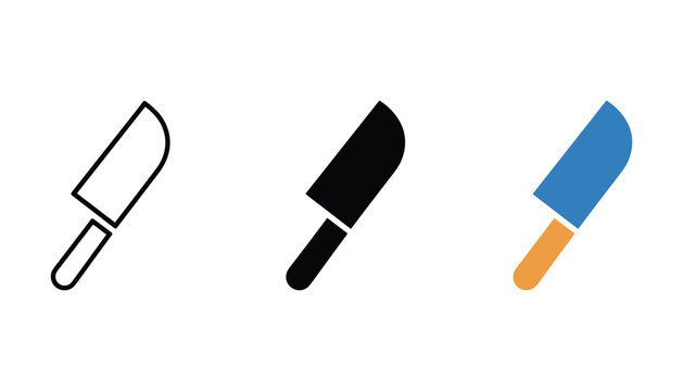 Kitchen cleaver knife icon set representing culinary tools and food preparation in three distinct styles including outline solid and flat colored vector design for restaurant branding