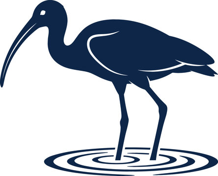 Minimalist ibis bird silhouette vector illustration standing in water ripples designed as a clean modern logo or mascot isolated on white background