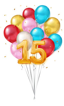 Bright colorful balloons forming a festive bouquet with the number 15 prominently displayed in gold.