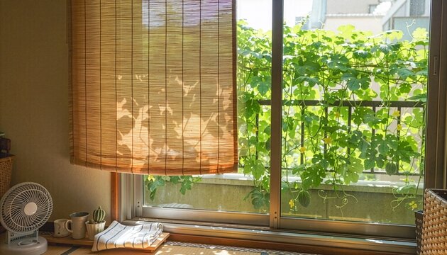 すだれとゴーヤのグリーンカーテンで日差しを和らげる日本の夏の窓辺
