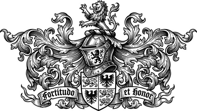 Vintage heraldic coat of arms vector design with knight helmet royal lion shield and decorative filigree flourishes with latin motto scroll banner
