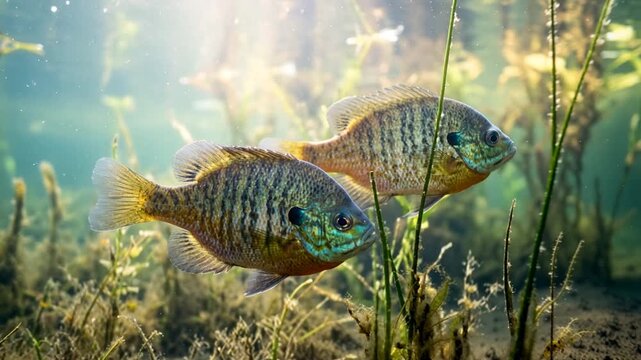 two freshwater sunfish underwater close up in amazon river brazil morning light video