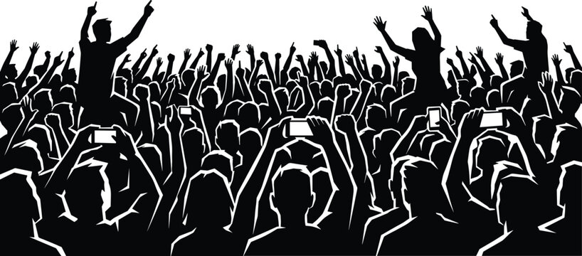 Crowd silhouette of cheerful fans cheering with raised hands and smartphones at music concert, party festival, or sports event vector illustration