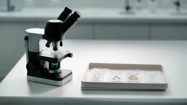 Laboratory microscope and tray with prepared slide samples on a white desk in a medical research facility