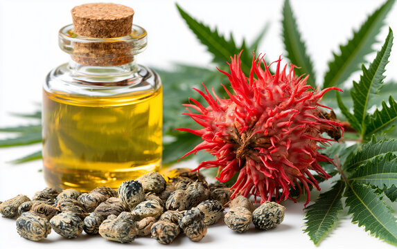 Castor oil and spiny capsules of Castor Oil plant on white background. File contains clipping paths