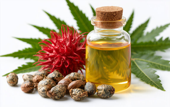 Castor oil and spiny capsules of Castor Oil plant on white background. File contains clipping paths