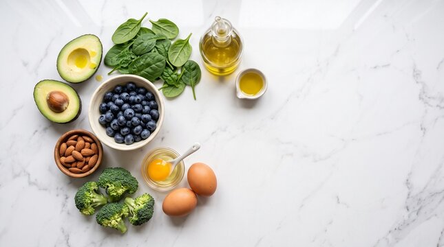 Fresh organic food ingredients including avocado halves blueberries almonds broccoli florets spinach leaves raw eggs and olive oil arranged neatly on a smooth white marble surface for a healthy meal