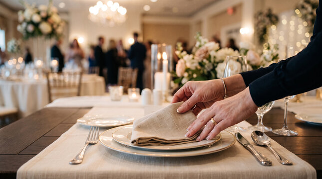Event planner's hands arranging a table setting for a reception &mdash; event management and hospitality occupation concept.