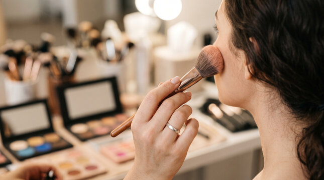 Makeup artist's hands applying brush to a model's cheek &mdash; beauty industry and cosmetic artistry occupation concept.