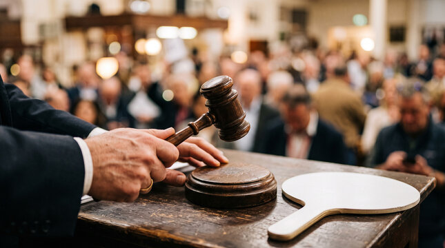 Auctioneer's hands holding a gavel and paddle &mdash; auction industry and sales profession occupation concept.