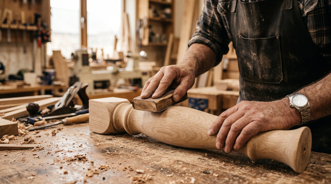 Carpenter's hands sanding a wooden furniture piece &mdash; skilled trade and woodworking craftsmanship occupation concept.