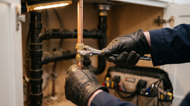 Plumber's hands tightening a pipe fitting &mdash; skilled trade and plumbing repair occupation concept.