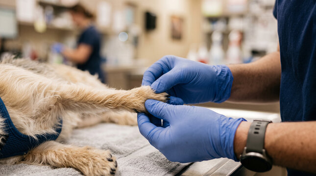 Veterinarian's hands examining a small dog's paw &mdash; animal healthcare and veterinary medicine occupation concept.