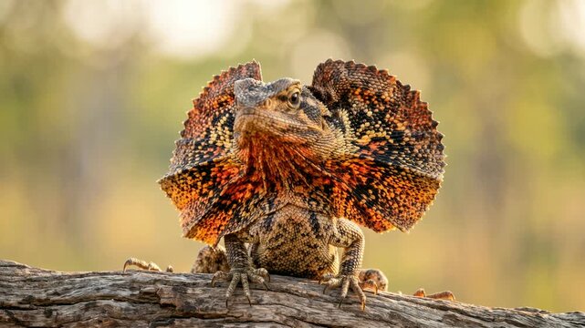 frilled lizard close up in northern australia tropical woodland morning light video