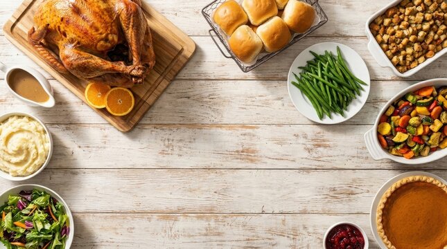 Festive thanks giving day dinner roasted turkey sides and pumpkin pie on wooden table