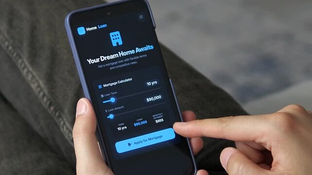 Hand sliding a loan term and amount slider to view dynamic monthly payments. Highlights consumer sensitivity to interest rates and strategic long-term loan planning.
