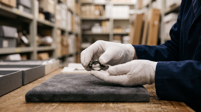 Museum curator's gloved hands handling an artifact &mdash; cultural preservation and curatorial occupation concept.