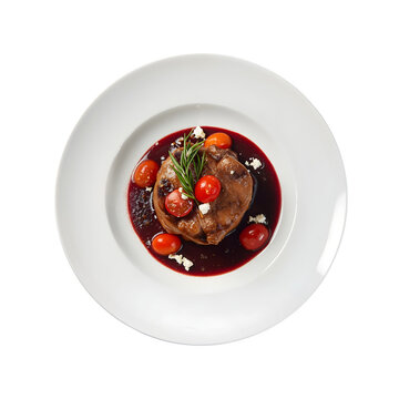 Gourmet beef steak with red wine sauce and cherry tomatoes on a white plate view