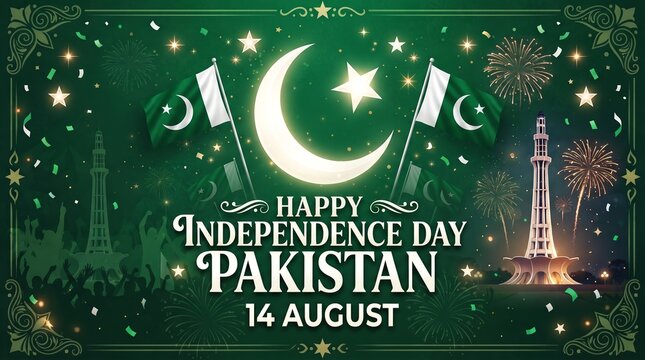 Happy Independence Day Pakistan 14 August Greeting Banner with Crescent Moon, Pakistani Flags, Minar-e-Pakistan and Fireworks