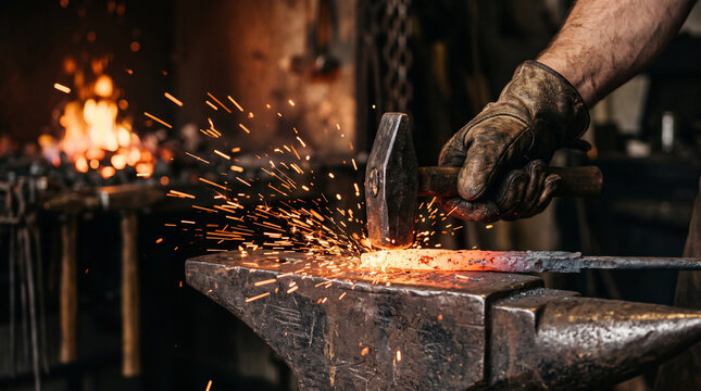 Blacksmith's hand hammering hot metal on an anvil &mdash; traditional forge craft and blacksmithing trade occupation concept.