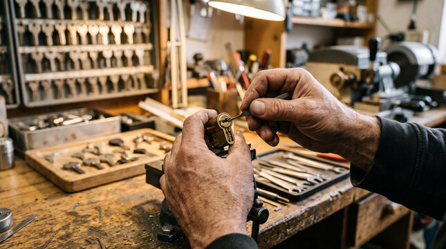 Locksmith's hands rekeying a door lock cylinder &mdash; security trade and precision locksmith occupation concept.