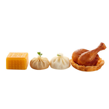 Assortment of food including cheese and roasted chicken on transparent view meat