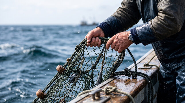Fisherman's hands hauling a fishing net from a boat &mdash; commercial fishing and maritime labor occupation concept.