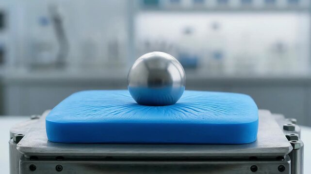 Industrial quality testing with a metal sphere pressing into blue memory foam material in a laboratory