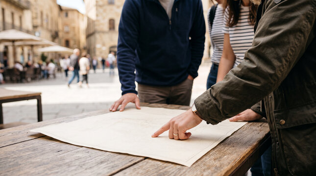 Tour guide's hands pointing at a map for tourists &mdash; tourism and hospitality industry occupation concept.
