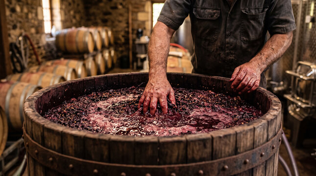Winemaker's hands punching down the wine cap in a fermentation vat &mdash; winemaking and viticulture occupation concept.