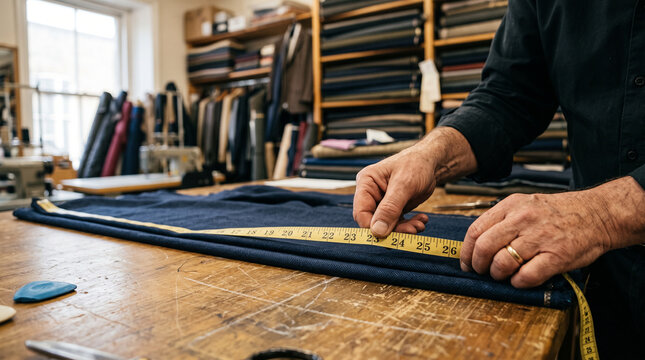 Tailor's hands measuring fabric with a tape measure &mdash; custom garment making and tailoring trade occupation concept.