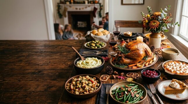 Festive thanks giving day dinner roasted turkey and traditional holiday feast on wooden table