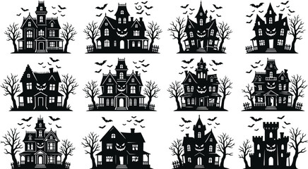 Fototapeta premium Happy halloween day spooky silhouette haunted houses vector collection for festive decorations
