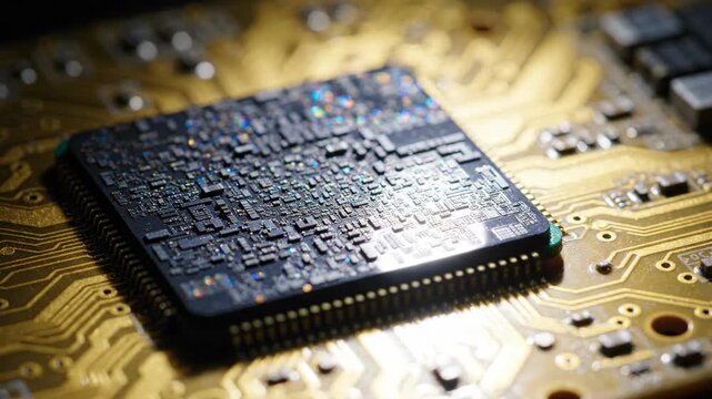 Quantum processor chip gold circuit board with intricate electronic components and golden connections shining light showcasing advanced technology
