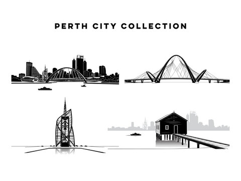 Perth City Collection Australia Landmark Skyline Silhouette Set Vector Illustration