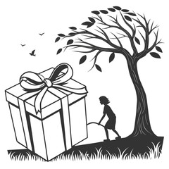 Girl pulling large gift box near tree in landscape