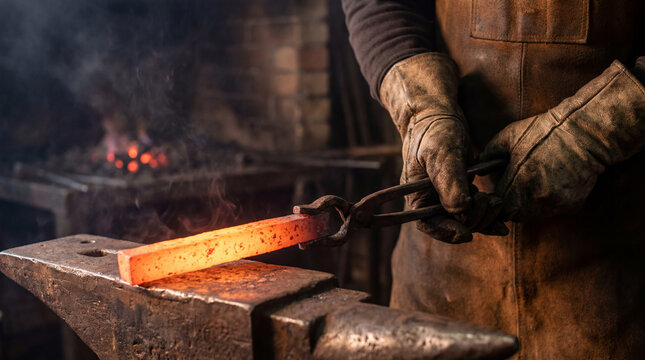 Blacksmith hands holding glowing hot metal with tongs on an anvil as sparks fly in a forge