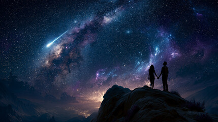 Fototapeta premium Silhouette of a Couple Watching a Brilliant Shooting Star from a Mountain Peak