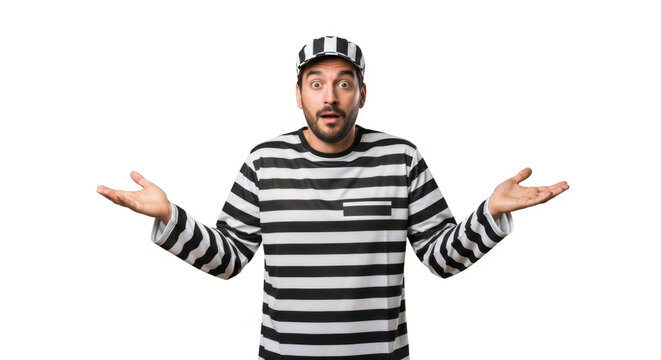 Confused Prisoner Shrugging with Arms Outstretched Posing on White