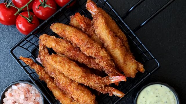 Shrimp or prawn tempura breaded with salt, spices and white tartar sauce, Asian cuisine. Tempura shrimp as a food background for your design