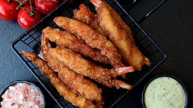 Shrimp or prawn tempura breaded with salt, spices and white tartar sauce, Asian cuisine. Tempura shrimp as a food background for your design