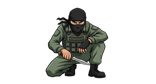 Counter Terrorist Squad Soldier Holding Knife Special Forces Military Combat Warfare Tactical Gear Protection Isolated Illustration