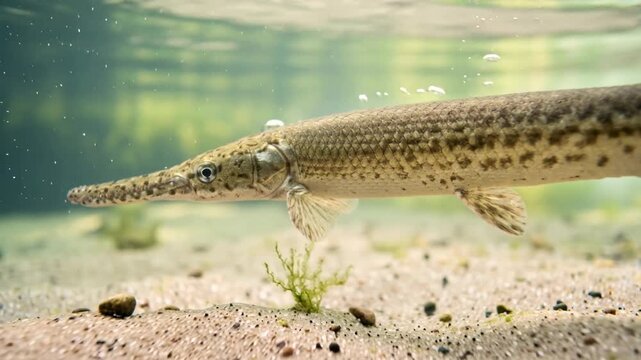 gar underwater close up in mississippi river usa morning light video