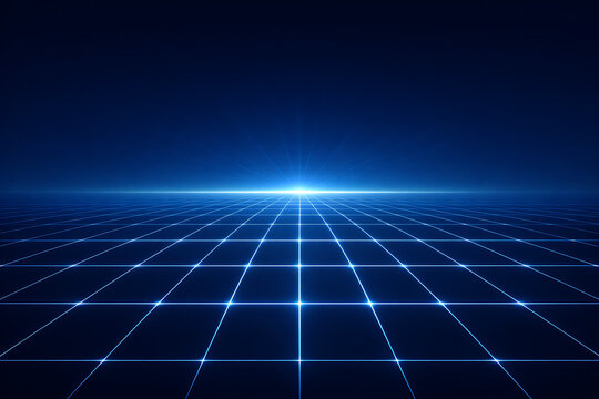 Blue grid pattern with converging lines and a bright horizon a digital vector illustration neon geometric art