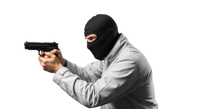 Criminal Menace Poses with Firearm Wearing Black Balaclava on White Backdrop Studio Shot