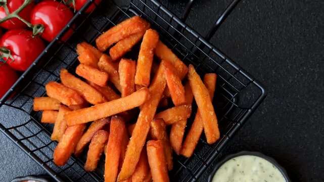 Seasoned sweet potato fries with sauce, fast food. Sweet potato fries as a food background for your design